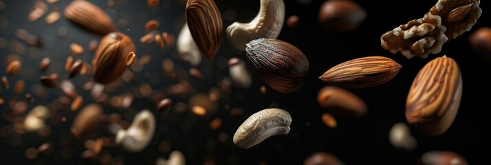 Obraz premium Various nuts, including almonds, walnuts, and cashews, floating in mid-air against a dark background. Concept of healthy foods and natural snacks.