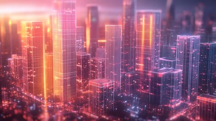 Obraz premium Digital Cityscape with Luminous Skyscrapers and Data Streams, Symbolizing Technological Integration in Urban Life