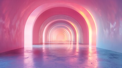 Fototapeta premium A futuristic tunnel with glowing pink and blue hues reflecting on the glossy floor, evoking a sense of endless possibilities, Ideal for use in sci-fi themes, architecture presentations