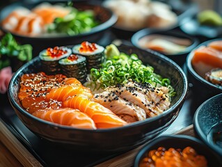Traditional foods and dishes from Japan, such as sushi, sashimi, ramen, and tempura, known for their fresh ingredients and intricate presentation.
