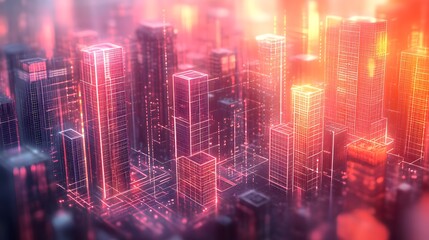 Digital Cityscape with Luminous Skyscrapers and Data Streams, Symbolizing Technological Integration in Urban Life