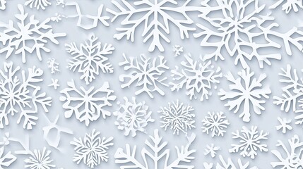 White snowflakes on a plain white or blue background, highlighting their unique symmetrical patterns. SEAMLESS PATTERN.