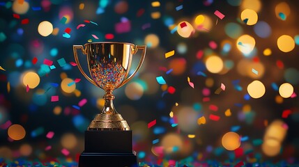 Celebrating Victory: A Shining Trophy Surrounded by Colorful Confetti