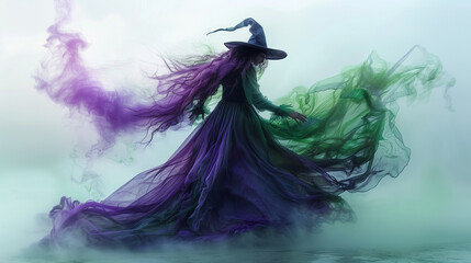 a witch on white background wearing a outfit made of purple magic smoke	
