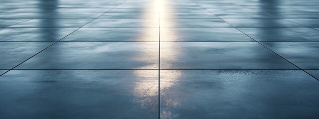 Reflective dark floor with sunlight reflection. Futuristic and minimalist design concept. Image for background banner with copy space.