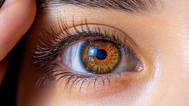 A close-up photo of a woman's eye with long eyelashes and brown iris.