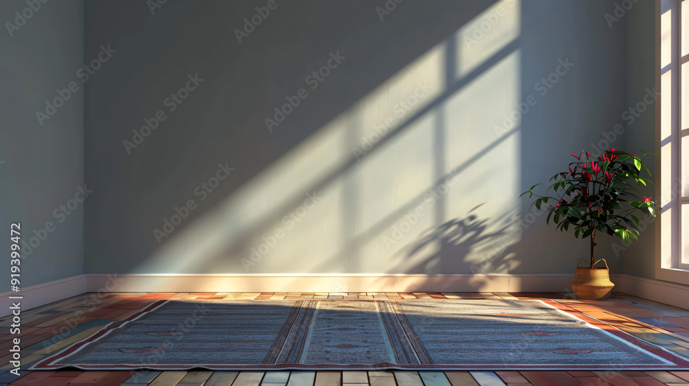 Aufkleber Sunlight casting shadows from a window in an empty room with a potted plant on a hardwood floor