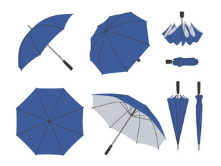 Set of open and folded umbrellas. Protecting accessory for rainy weather © ssstocker