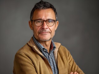Fototapeta premium Mature man with glasses poses confidently in a casual brown jacket, against a neutral background