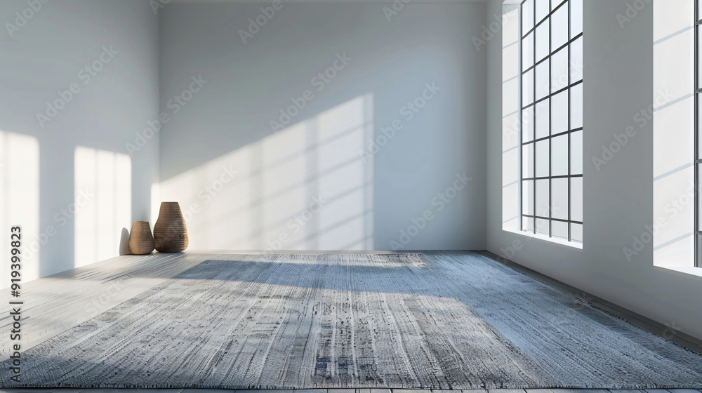 Poster sun shining through the window of a large empty loft apartment illuminating a rug and two vases in t