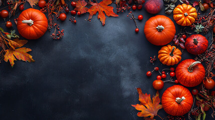 Orange pumpkins and autumn decoration on dark background. Perfect for seasonal home decor, Thanksgiving or Halloween events.