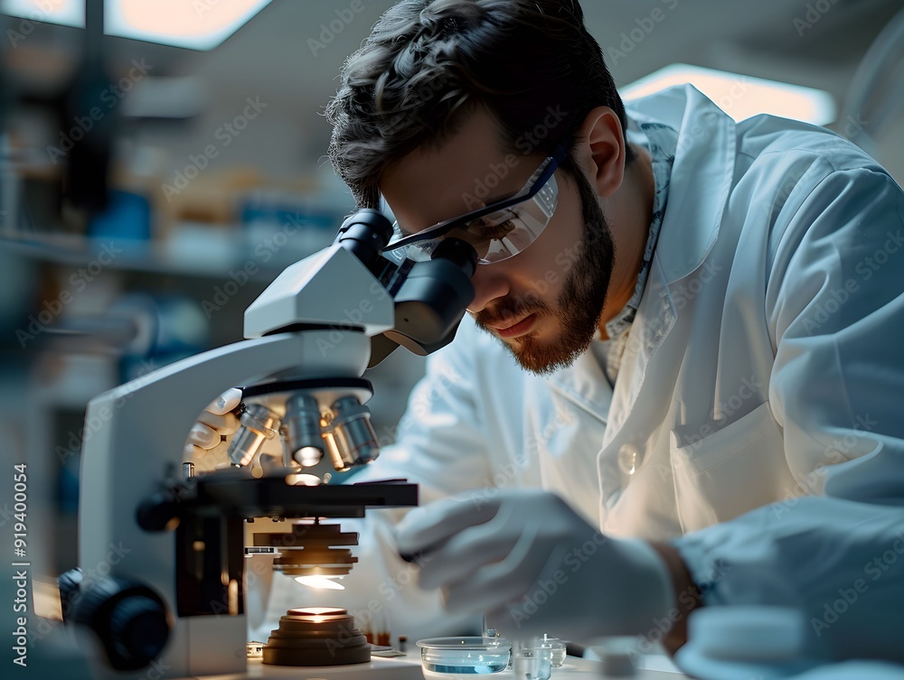 Aufkleber scientist examining samples under a microscope in a laboratory during the day