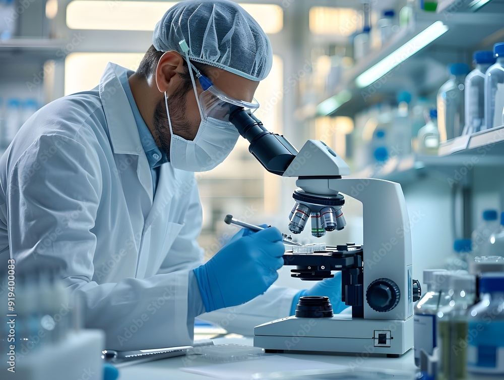 Poster scientist examining samples under a microscope in a laboratory during the day