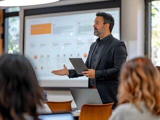 Teacher presenting a lesson in a modern classroom with students engaged during a technology seminar