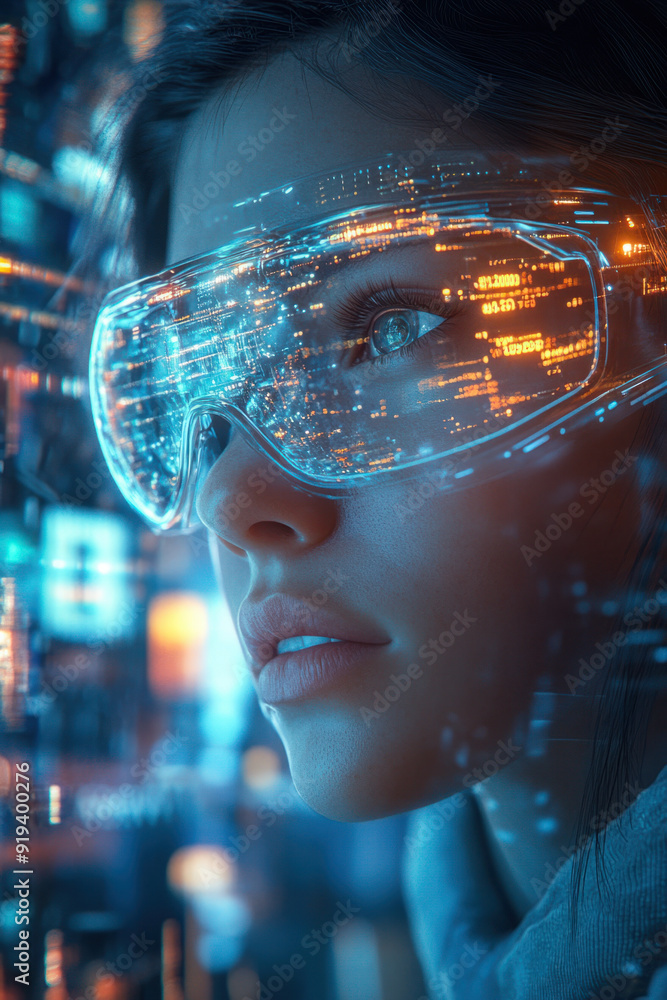 Poster cybernetic vision, a close-up of an individual in high-tech glasses, surrounded by swirling digital 