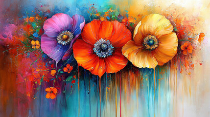   Three vibrant blossoms against blue-yellow-orange backdrop; splash of paint at base