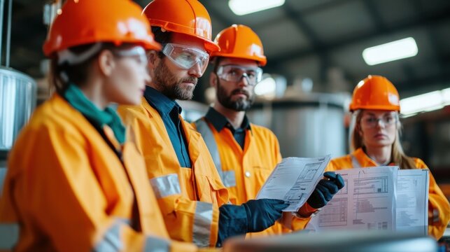 Generate a photo realistic image of workers participating in hazard communication training, with hazard labels, safety data sheets, and communication training materials visible