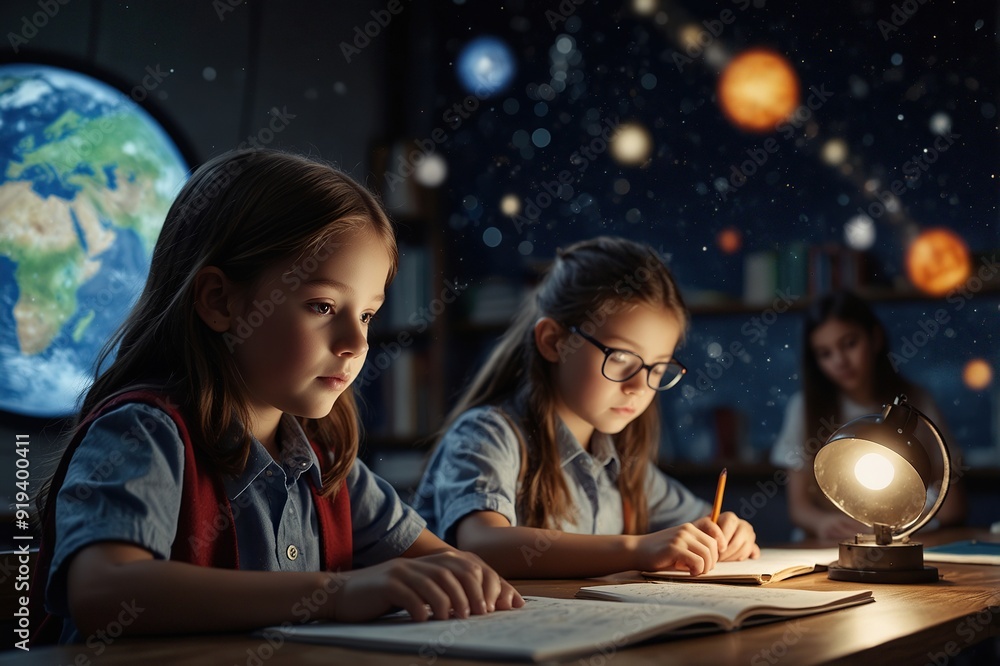 Wall mural group of skilled elementary student studying about astronomy and space at classroom by using technol