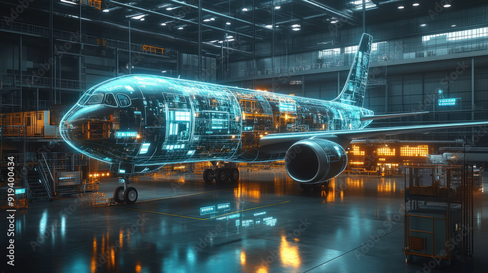 Poster blockchain integration, a cargo airplane hologram occupies a prominent space in a cutting-edge freig