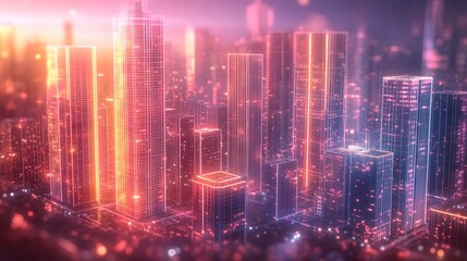 Fototapeta premium Digital Cityscape with Luminous Skyscrapers and Data Streams, Symbolizing Technological Integration in Urban Life