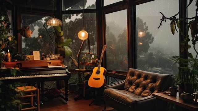 Animated virtual backgrounds, cozy lofi living room with fireplace with forest view from window. music clip