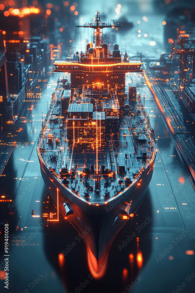Poster blockchain integration, a large cargo ship depicted as a hologram is surrounded by interactive annot