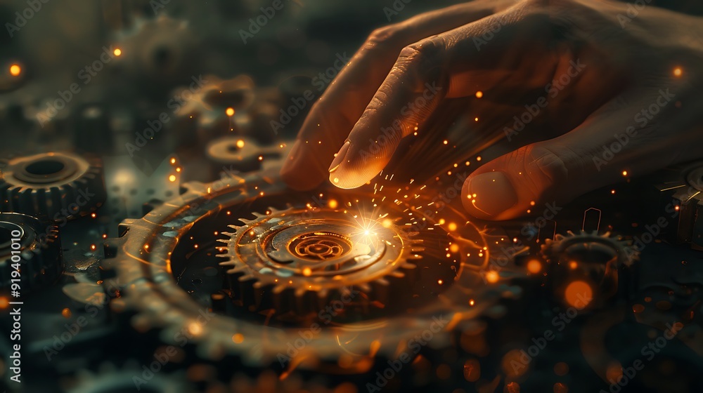 Poster precision engineering: a close-up of gears and mechanisms illuminated by innovation