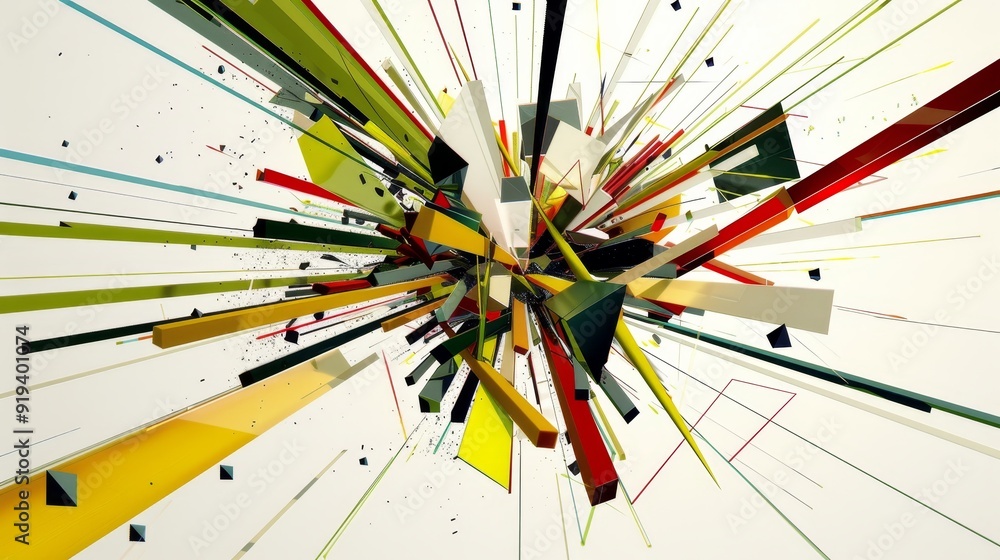 Poster dynamic abstract explosion of colorful geometric shapes against white background creating movement a