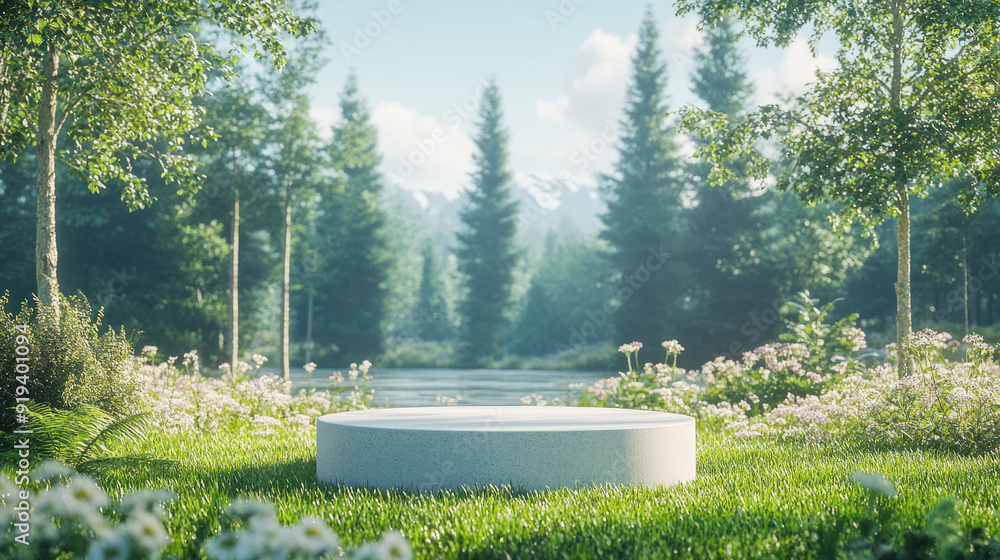 Poster nature product placement backdrop, centered in the image is a simple, elegant mockup podium placed o