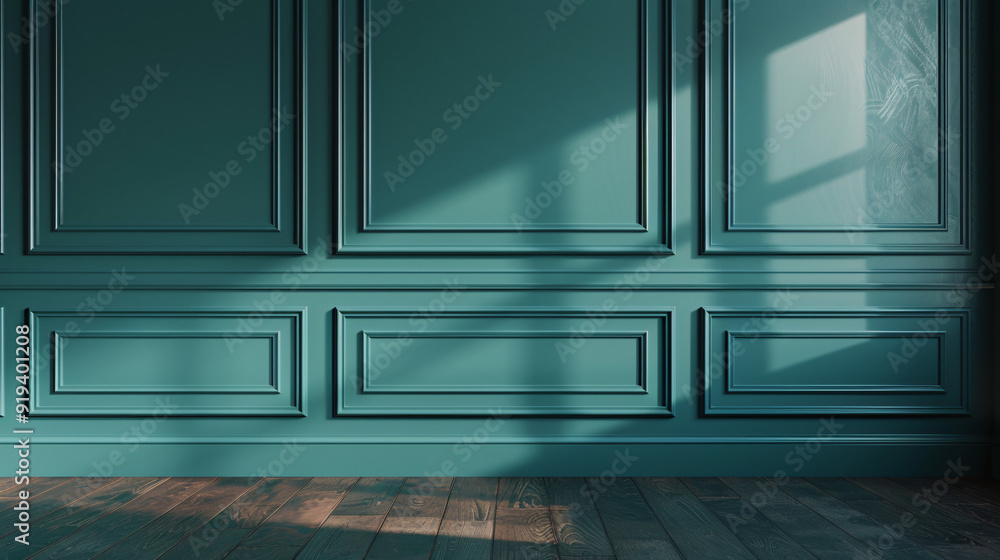 Poster sunlight is casting shadows from a window off frame onto a teal green wall with classic paneling and
