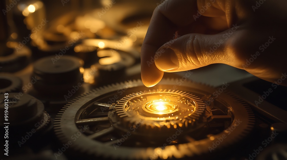 Poster precision engineering: a close-up of gears and mechanisms illuminated by innovation