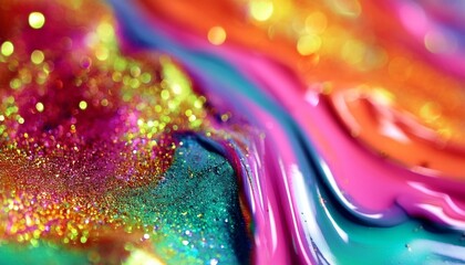 glitter fluid flow paint spill color ink wave pink blue orange green shimmering metallic texture...