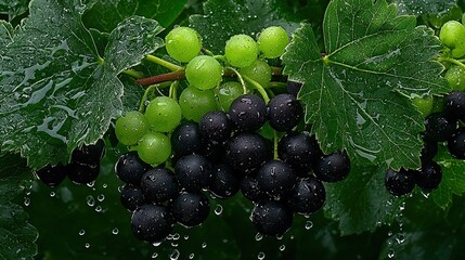   A cluster of vibrant green and black grapes dangles from a vine, glistening with dewdrops on their leaves and falling in droplets (12 tokens