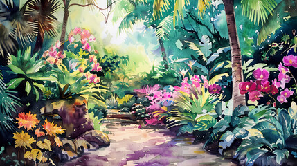 Obraz premium Realistic watercolor of a tropical garden, vibrant orchids, palm trees, colorful foliage, gentle sunlight