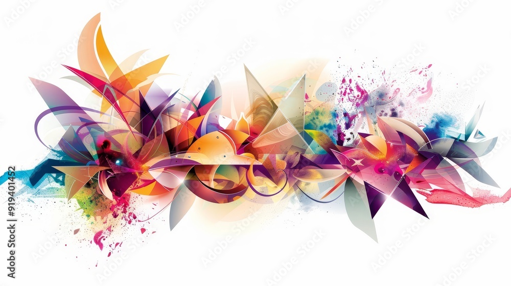 Poster dynamic abstract explosion of colorful geometric shapes against white background creating movement a