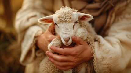 Close-Up of Jesus Holding a Small Lamb in His Hands, Symbolizing Care and Protection