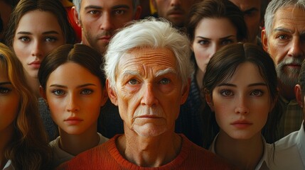 A group of people are standing together, with a man in the center of the group