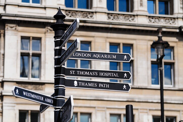 Direction signs to London Aquarium, St. Thomas's Hospital, and Thames Path