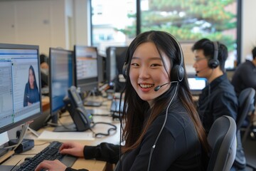 Asian woman and European man in business attire working at call center with headsets and monitors.