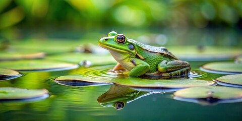 Fototapeta premium Green frog sitting on a lily pad in a tranquil lake , wildlife, amphibian, nature, green, peaceful, water, animal