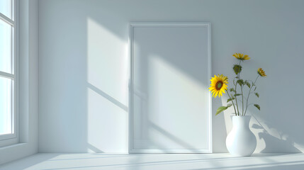 A vase of sunflowers sits in a white room with an empty picture frame.