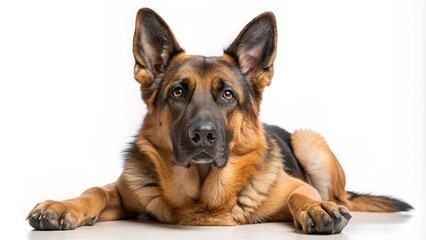 German Shepherd dog lying down facing camera on white background, German Shepherd, dog, pet, animal