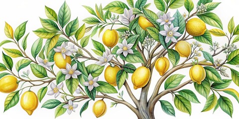 Hand drawn blooming lemon tree branches, flowers, lemons on white background, lemon, tree, branch, flower, bloom, citrus, fruit