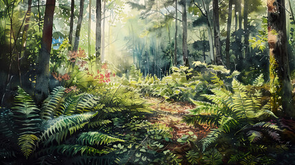 Fototapeta premium Realistic watercolor of a woodland garden, blooming ferns, forest floor, bright morning light ,Ultra-High Detail, Ultra-Realistic