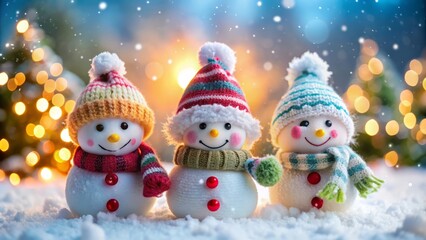 Fototapeta premium Three Snowmen Standing Together in Winter Wonderland.