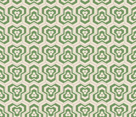 Vector funky green and beige geometric seamless pattern with concentric lines, stripes, hexagon shapes, triangles, tiles. Colorful abstract background. Simple retro bold texture. Repeated geo design