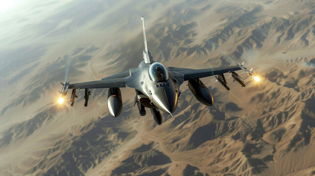 F-16 Fighter Jet Soaring Above Desert Landscape at High Speed