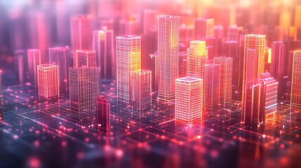 Fototapeta premium Digital Cityscape with Luminous Skyscrapers and Data Streams, Symbolizing Technological Integration in Urban Life