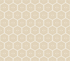 Fototapeta premium Vector golden abstract geometric pattern with hexagon shapes, curved lines, stripes, waves, grid. Gold and white texture. Stylish modern luxury background. Simple repeating geo design for decor, print
