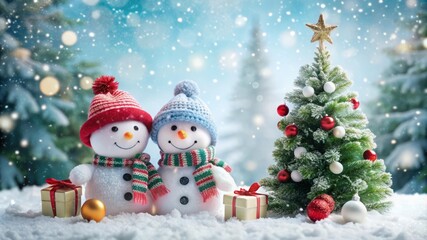 Cute Snowmen Celebrate Christmas with a Decorated Tree.